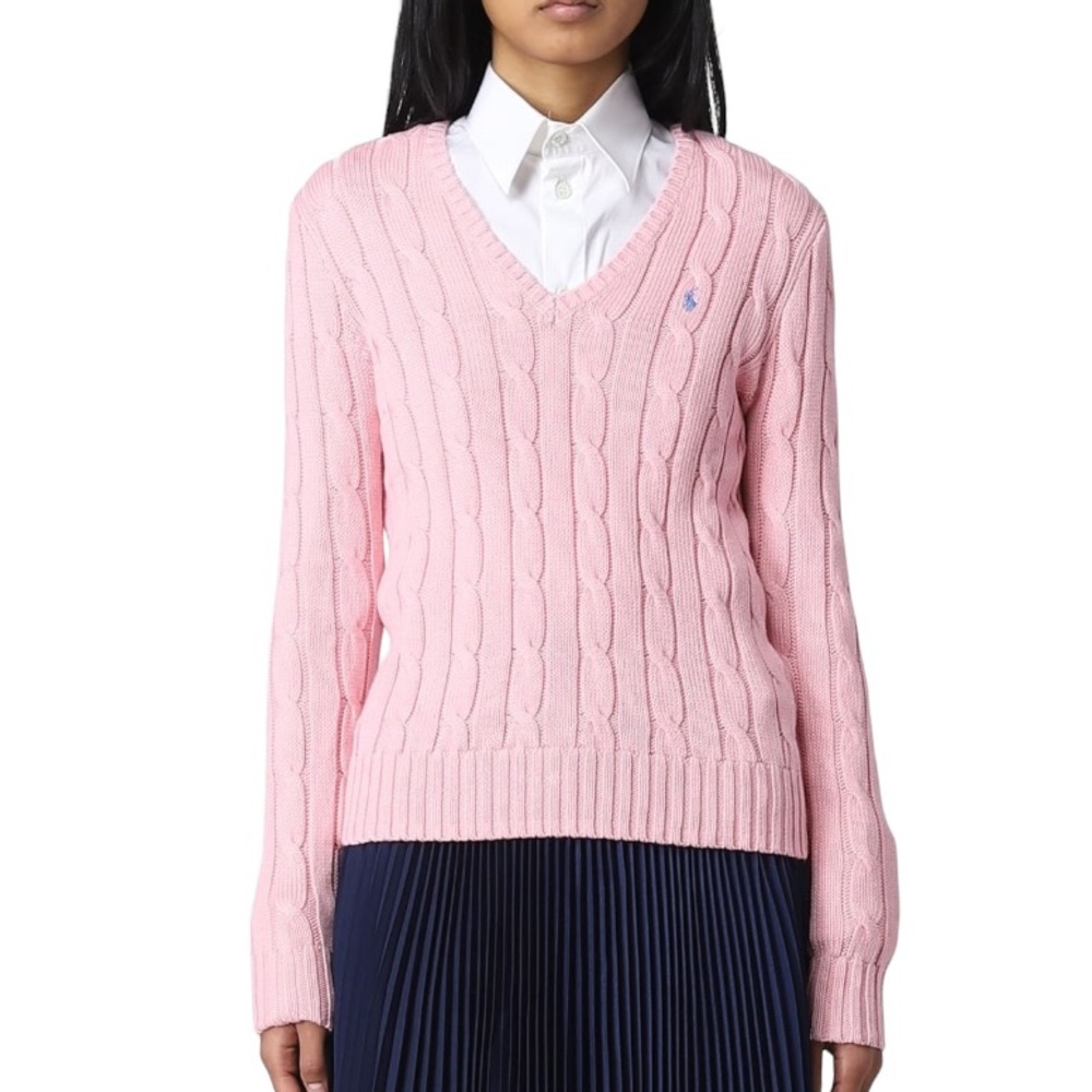 Polo by Ralph Lauren Pink Cable Knit Cotton V-Neck Pullover Sweater - M